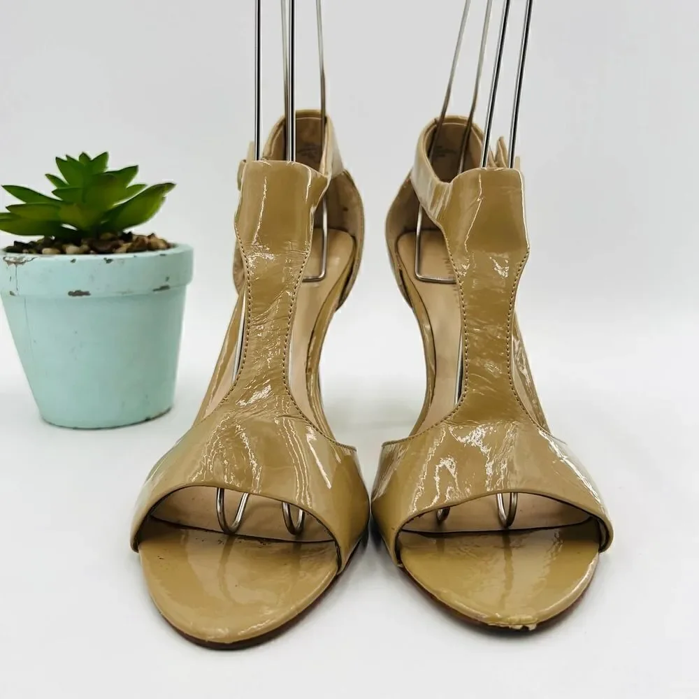 Nine West Nude Patent Leather T Strap Peep Toe Heels Sandals Size 8.5